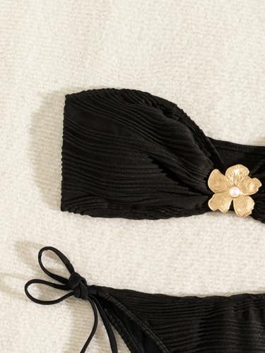 OYOANGLE Women's 2 Piece Strapless Bikini Sets Metal Decor Textured Tube Swimsuits Tie Side High Cut Bathing Suits4