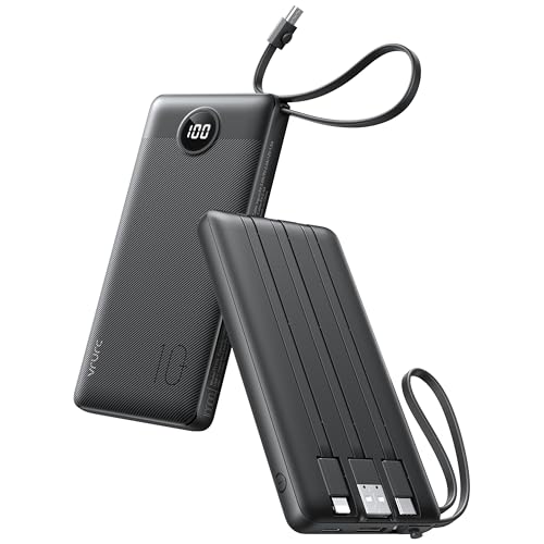VRURC 10000mAh Power Bank With Built in Cables,USB C Battery Pack Portable Charger with 5 Outputs 2 Inputs Powerbank LED Display compatible with iPhone 17 16 15 14, Samsung,Android-Dark(1 Pack)