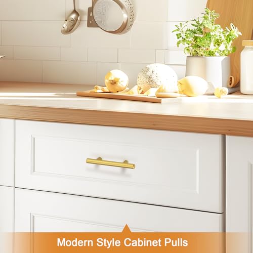 Image of Probrico 5 Pack 3 Inch Center-to-Center Kitchen Cabinet Pulls T Bar Gold Cabinet Handles Modern Drawer Hardware Dresser Pulls, 5 Inch Total Length