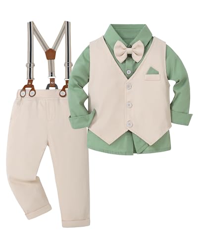 Image of YUEMION Toddler Baby Boy Clothes Suits Gentleman Dress Shirt+Bowtie+Vest+Suspender Pants Boy Formal Wedding Outfits Set 1-5T