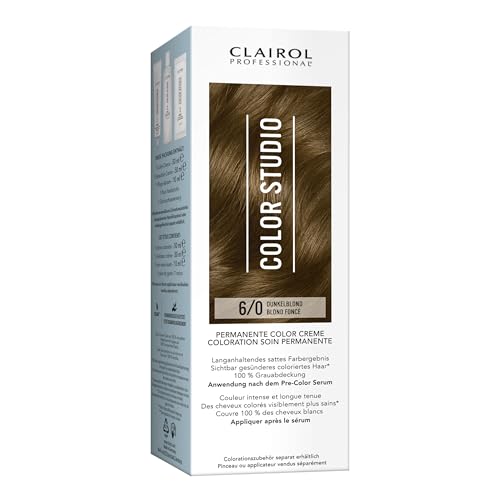 Clairol Professional Color Studio Permanente Haarfarbe Dunkelblond 6/0 (110 ml) – mit Metal-Purifier für 6 x weniger Haarbruch, 10 Wochen sattes Farbergebnis & 100 % Grauabdeckung – inkl. Haarkur