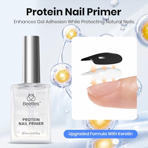 Image of Beetles Gel Base and Top Coat Set with Protein Nail Dehydrator and Primer, 4 Pcs 15ml Extra Glossy Top Coat and Base Acid-Free & HEMA-Free Nail Prep Bond Primer for Acrylic & Gel Polish Gifts