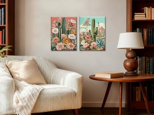 Image of Frimeeme Framed Cactus Wall Art Set of 2,12x16 inch | Vintage Cactus Desert Floral Wall Decor Paintings for Living Room Bedroom Bathroom