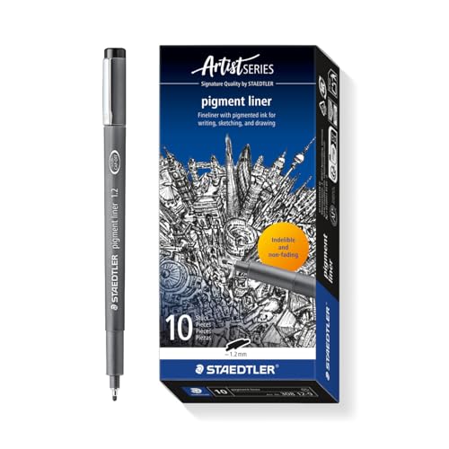 STAEDTLER 308 12-9 Pigment Liner Fineliner Pen for Writing & Technical Drawing - Black, 1.2mm (Box of 10)