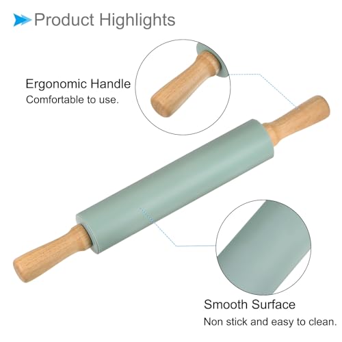 CoCud Silicone Rolling Pins, 17" Length, Silicone & Oak Non-Stick Ergonomic Wooden Handle Fondant Dough Roller Dark Green - (Applications: for Baking DIY Projects) - Image 4