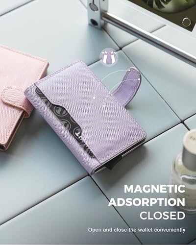 Image of VULKIT Slim Bifold Pop up Wallet Minimalist Leather Card Holder RFID Blocking Metal Card Case with ID Window for Women | with Leather Slots