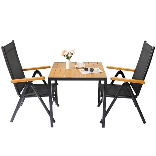 LIFERUN Lot de 3 meubles de jardin en aluminium - 2 chaises et 1 table - Table de jardin WPC + 2 chaises à dossier haut pliables - Résistant aux intempéries - Meubles...