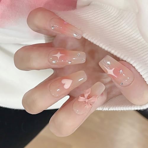 24個 バレンタインデー ロングコフィンプレス オン ネイル フルカバー ハート スター リボン デザイン アクリル 人工爪 プレス ネイル