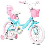 Glerc Maggie 子供用自転車 女の子用 キッズバイク 幼児乗り練習 花柄 かご付き 補助輪付き こども三輪 ぬいぐるみ座席付き vブレーキ 4～7歳 16インチ 青 水色 ブルー＆ピンク