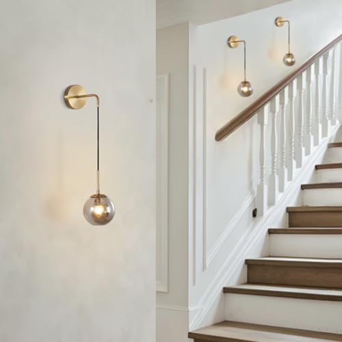 Image of BOKT Mid Century Modern Wall Sconce Gold Wall Sconce Light Smoke Gray Glass Round Wall Lighting Fixture Brushed Brass Minimalist Adjustable Bar Wall Lamp (Gold+Smoky Grey)