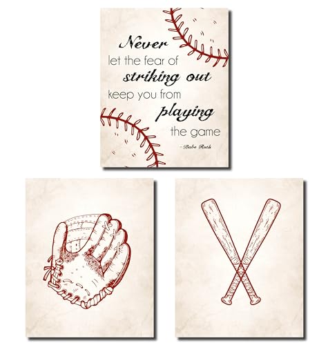 Set of 3 Baseball Prints, 11×14 Wall Decor for Boys Room