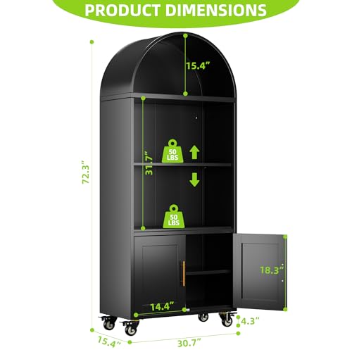 Image of 72.3 inch Black Metal Arched Bookcase with Lockable Wheels, 2 Adjustable Shelves, Tall Rolling Storage Cabinet for Living Room, Home Office, School, Assembly Required