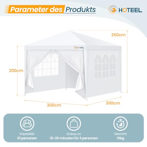 Image of HOTEEL 10'x10' Canopy Party Tent with 2 Removable Sidewalls, Waterproof Outdoor Shelter for Camping, Patio, Weddings & Events, Portable White Gazebo