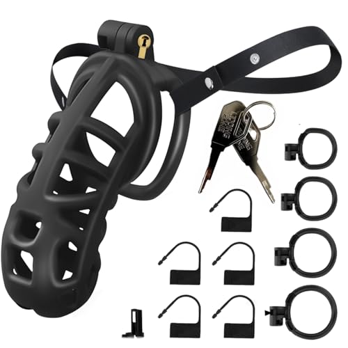 Image of Male Chastity Cage, with Elastic Belt & Invisible Lock Large Chastity Device & 4 Sizes Rings and Invisible Lock for Man Penis Exercise Bondage Gear & Accessories Lightweight Adult Sex Toys (XL-110mm)