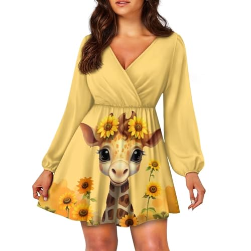 HELLHERO Sunflower Giraffe Dresses Long Sleeve Mini Dress for Women Ladies Youth Summer Outfit V Neck Flowy A-Line Short Dress Swing Flared Skater Skirt for Graduation Beach Party L