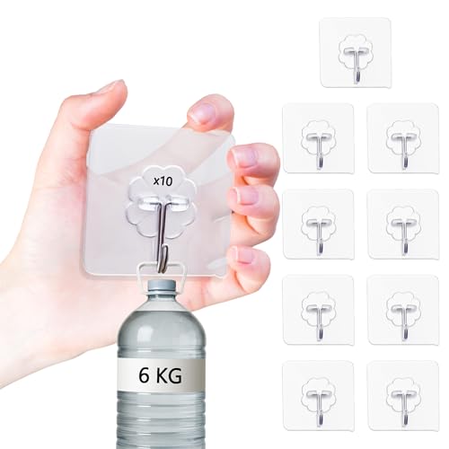 YEibi 10 Ganchos Adhesivos Transparentes Multiuso, Colgadores para Cocina y Hogar, Para Trapos, Utensilios, Llaves y Accesorios, Sin Taladro