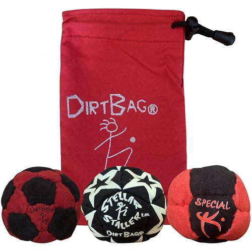 DIRTBAG Medley Footbag 3-Pack with Pouch, 100% Handmade, Premium Quality, Bright Vivid Colors, Signature Carry Bag - Red/Black