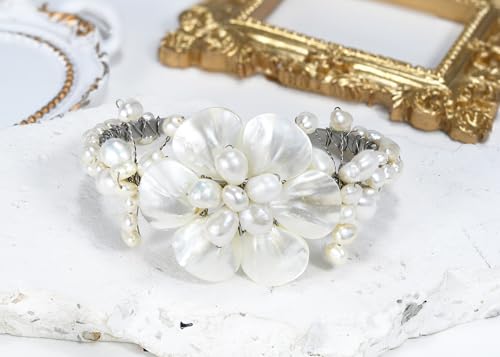 AeraVida Ocean’s Iridescent Garden White Mother of Pearls Seashell and Cultured Freshwater Pearls Floral Cuff Bracelet | Open Cuff Bangle Bracelet for Women4