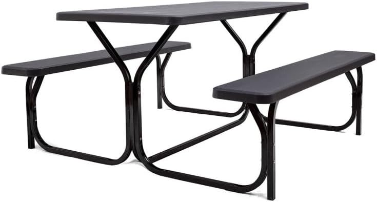 All-Weather HDPE Outdoor Picnic Table & Bench Set in Black Wood Grain Finish, 54x59x28.5in, Upscale Rustic Style for Backyard Patio
