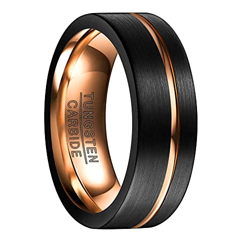 Anillos Hombre Carburo de Tungsteno Anillos para Hombres Mujeres Anillos Hombre Compromiso Boda Banda,Negro Anillo Hombre Anillos Tungsten Mujer,Interior Oro de Rosa,8mm Cepillado Talla 9.25-27.25