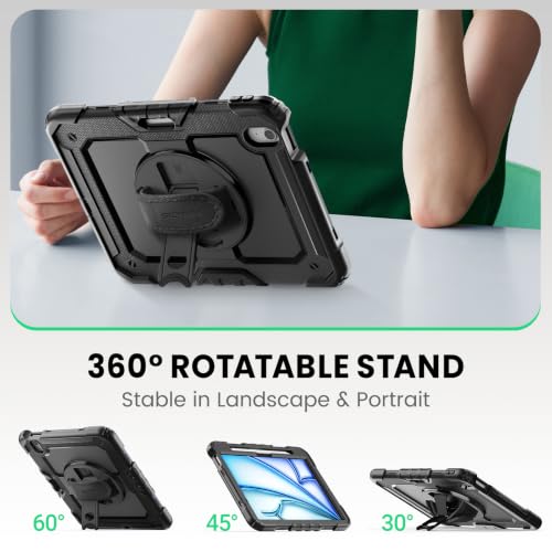 Image of SEYMAC Case for iPad Air 11 Inch M4 /M3 /M2 (2026 /2025 /2024), Black | Heavy Duty Shockproof Protective, Built-in Screen Protector, 360 Rotating Stand, Hand /Shoulder Strap, Pencil Holder