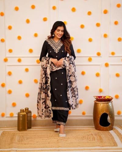 Image of Women Afghani Viscose Rayon Kurta Pant Dupatta Set with Embroidered Neck Work and Floral Print Organza Dupatta | Ethnic Straight Suit Set