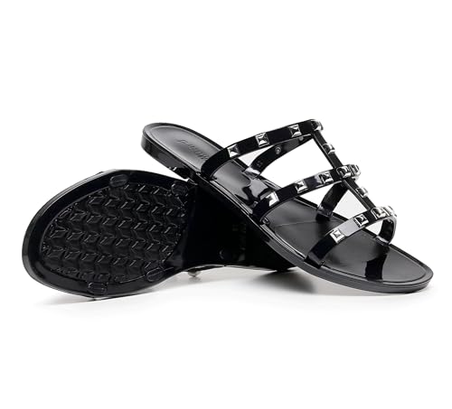 Image of Women Flats Sandals, Studded Jelly Shoes Size 9 Red Dressy Summer Beach Rivets Strappy Jellies Slide Slip On Open Toes