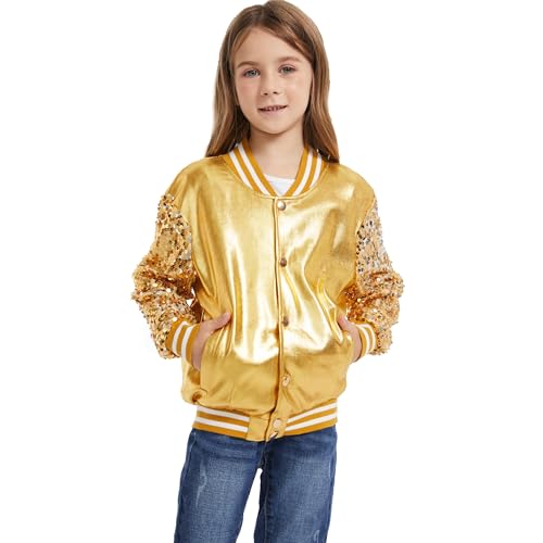 Girl Sequin Jacket Kid Sparkly Varsity Jackets Long Sleeve Lightweight PU Bomber Cardigan Metallic Shiny Coat