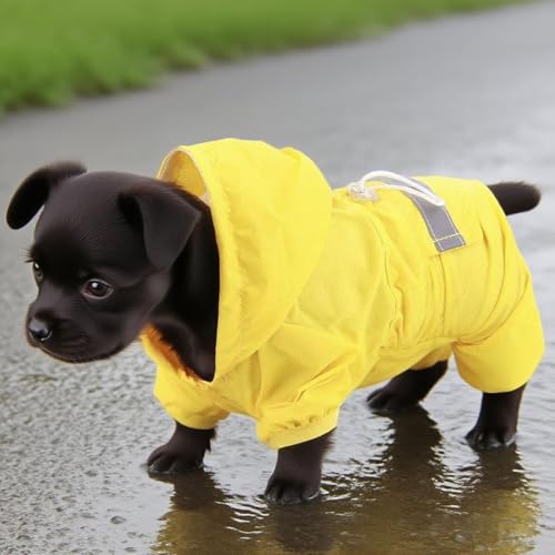 Hunde-Regenmantel mit Kapuze für kleine Hunde, leichte reflektierende Regenjacke, Poncho mit Loch, lustige Kostüme, Regenbekleidung für Welpen, Regenmäntel mit Loch für die Leine (Gelb, XS)