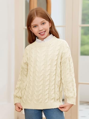 Haloumoning Girls Pullover Sweaters Kids Cute Cable Knit Long Sleeve Crewneck Chunky Jumper Tops 5-14 Years2