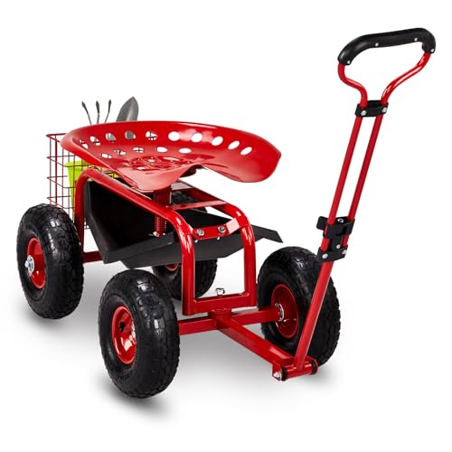 VINGLI Garden Cart with Rolling Seat, Wheels, Adjustable Steering Handle & Utility Tool Tray, Planting Wagon Scooter, Gardening Tool for Senior, for Patio, Backyard, Lawn & Outdoor (red)