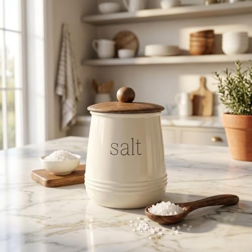 Image of Stylish Airtight Container for Kitchen, Salt Storage,White, Metal with Wooden Lid & Spoon, 1000ml, Canister for Kitchen Counter top | Food-Safe Jar Set (Salt)