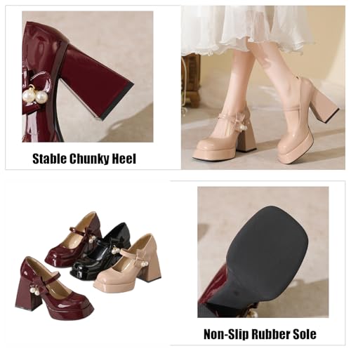 Women's Patent Leather Pearl Bow Ultra-High Heel Mary Jane Shoes Cute Adjust Strappy Buckle Platform Chunky Block Heel Round Toe Dress Pumps for Party Wedding Daily3