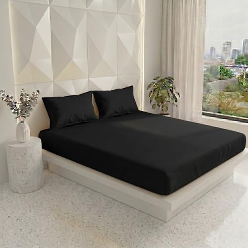 Image of Filymore Double Bedsheet for Double Bed | Black Solid Bedsheet | 240 TC Soft Microfiber Bed Sheet with 2 Pillow Covers | Breathable, Wrinkle Resistant & Fade Resistant Bedding Set | 90 x 95 Inches