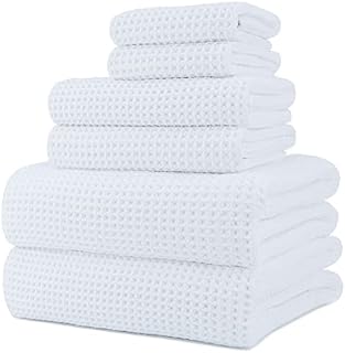 POLYTE Microfibre Oversize, 76 x 152 cm, Quick Dry Lint Free Bath Towel Set, 6 Piece (Blue, Waffle Weave)