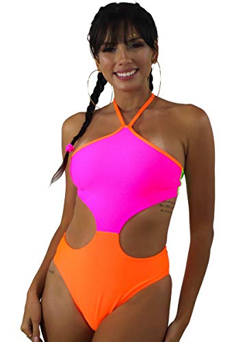 Maiô Body Com Detalhe Aberto na Cintura Laranja e Rosa Neon Multicolorido