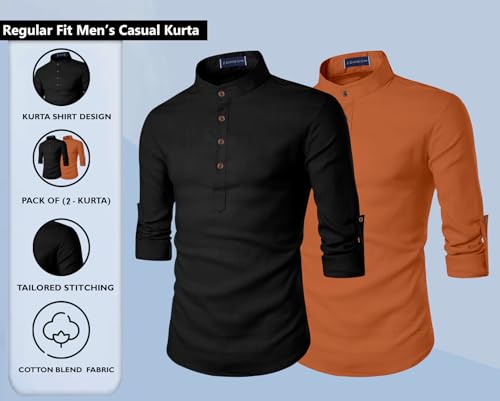 Image of Zombom Men's Combo Cotton Polyester Blend Solid Full Sleeve Straight Regular Fit Mandarin /Chinese Collor Kurta (Pack of 2)