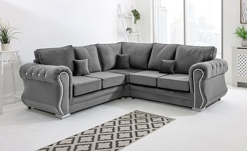 Sofahub Falcon Diamante Grey Plush Velvet 5 Seater Corner Sofa Set with Foam Cushions - Transform Your Living Room with Stylish Sofas & Couches - With Diamond Studs (Grey, Corner)