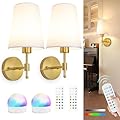 Battery Operated Wall Sconces Set of 2,Rechargeable Wall Lights with 5200mAh Dimmable Bulbs and Remote,Adjustable 15 Colors,Wireless Wall Lamps for Bedroom Living Room