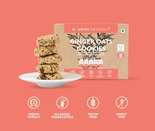 Image of Nourish Organics Ginger Oats Cookies | Wholesome Cookies with Ginger & Oats | Made with Seeds, Almonds & Coconut Jaggery | High Fibre Snack | No Refined Sugar | 120g Pack