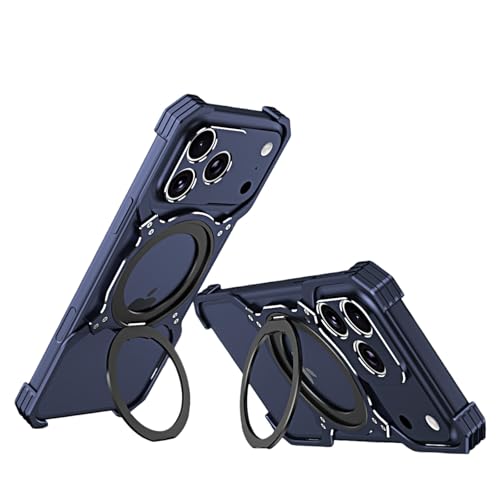 IPhone 17 / 17Air / 17Pro / 17ProMax 用 メタルアームケース 航空アルミ合金バンパー 360度回転スタンド付き 耐衝撃 ミリタリーグレード ドロップ保護 軽量 放熱設計(Blue silver,17 Pro Max)