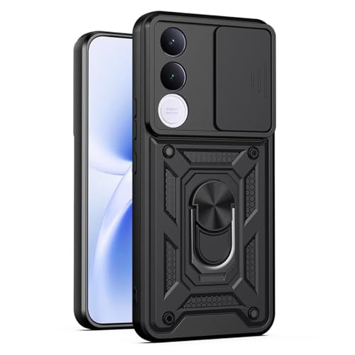 Image of Shockproof Back Case Cover for Vivo V70 FE 5G, Shockproof Vivo V70 FE Back Cover, Ring Case with Kickstand and Camera Protection Shutter - Black