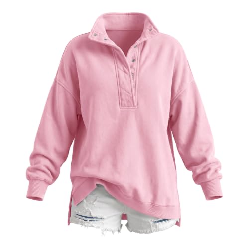XINGJIAARTS Mock Neck Sweatshirt Women Stand Collar Soft Fleece Button Up Pullover Tops Loose Drop Shoulder Casual Outfits RD2 X-Large - image 3
