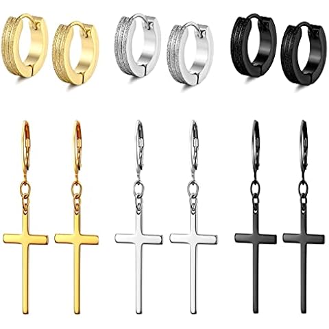 VPACC Cross Earrings for Men Women Dangle Hoop Dangling Hanging Dangly Drop Crosses Earingings Steel Stainless Gold Black Silver 6 Pairs Sets Cover