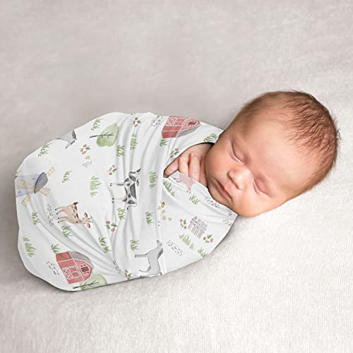 Image of Sweet Jojo Designs Farm Animals Boy or Girl Swaddle Blanket Jersey Stretch Knit for Newborn or Infant Receiving Security - Watercolor Farmhouse Horse Cow Sheep Pig Farm Life Gender Neutral