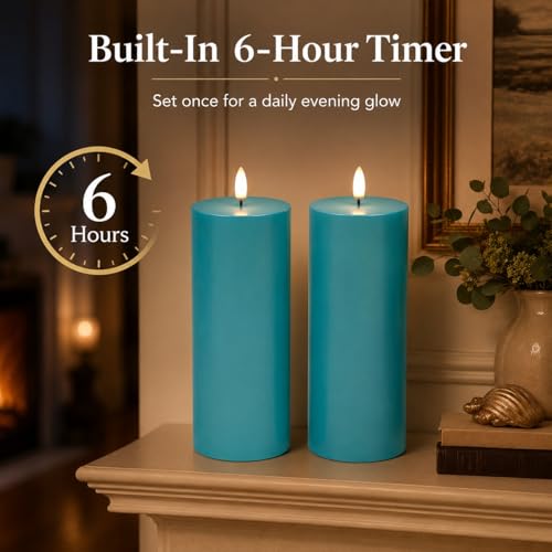 Image of Blue Flameless Pillar Candles, 8 x 3 Inch, Set of 2 | Blue Plastic Pillar Candles, Waterproof, 6 Hour Timer, Indoor Outdoor Decor
