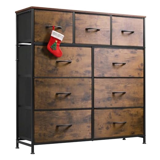 WLIVE 9-Drawer Dresser, Fabric Storage Tower for Bedroom, Hallway, Entryway, Closet, Tall Chest Organizer Unit with Fabric Bins, Steel Frame, Wood Top, Easy Pull Handle, Rustic Brown Wood Grain Print