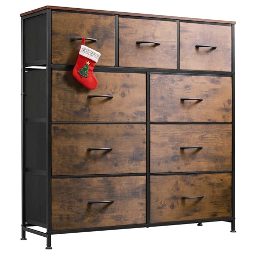 WLIVE 9-Drawer Dresser, Fabric Storage Tower for Bedroom, Hallway, Entryway, Closet, Tall Chest Organizer Unit with Fabric Bins, Steel Frame, Wood Top, Easy Pull Handle, Rustic Brown Wood Grain Print by WLIVE - Used condition - US$65.83