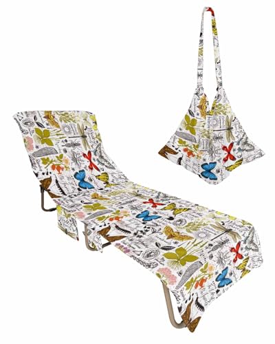 Butterfly Beach Lounge Chair Towel Cover, Soft Chaise Lounge Towel with Side Pockets Patio Pool Chairs Cover for Beach/Pool Sunbathing 29x85 Spring Floral Botanical Summer Vintage