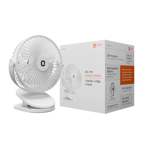 Image of Orient Electric Orbis Rechargeable Personal Fan | 360 Rotation | 1800 mAh Battery | 4 Speed Modes with Timer | Quiet Operation | USB Type-C Charging | Clip-On Mini Fan (White)